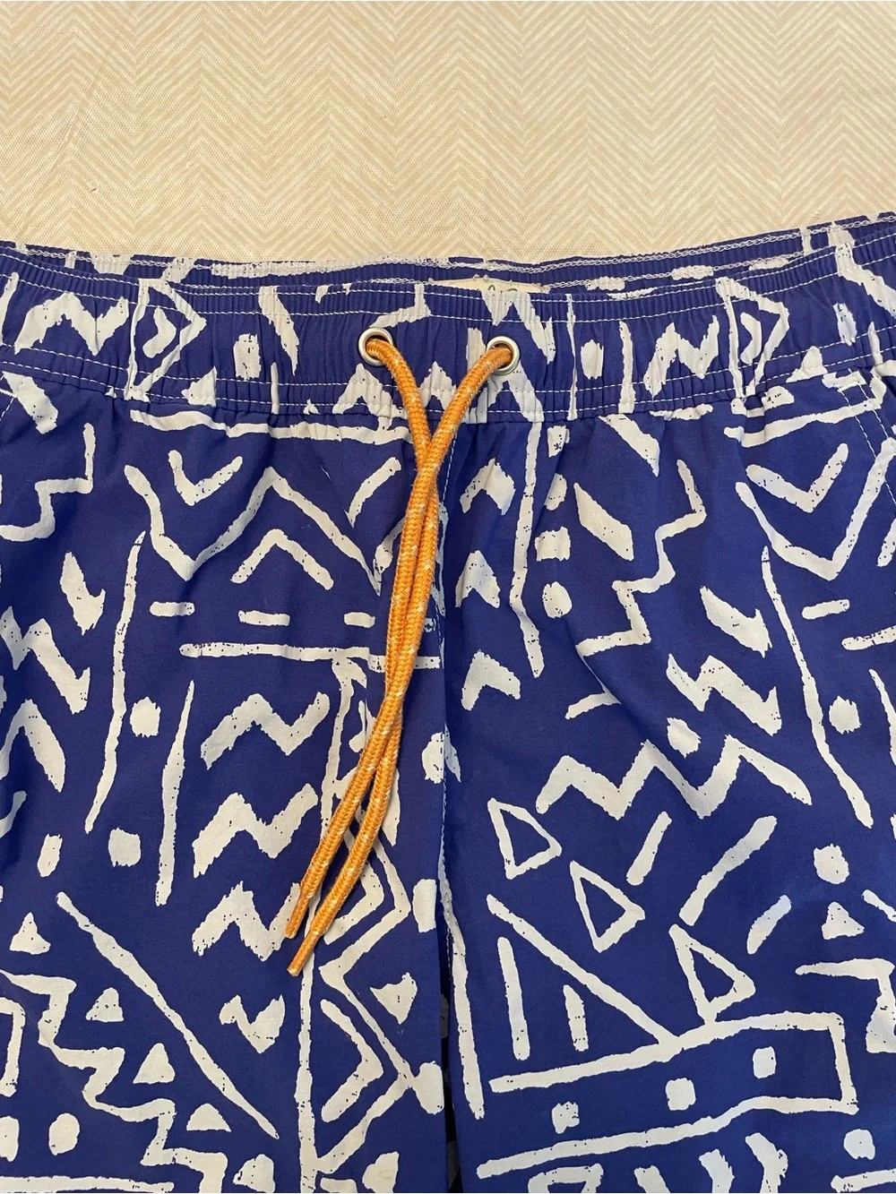 J. Crew Blue & White Geometric Swim Trunks with Orange Drawstring